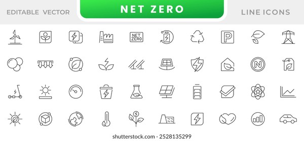 Net zero line icon set. Eco, carbon footprint, CO2 neutral, solar energy, wind power, renewable energy, low carbon city, emission-free, sustainable future line icon set. Ui thin line icon pack.