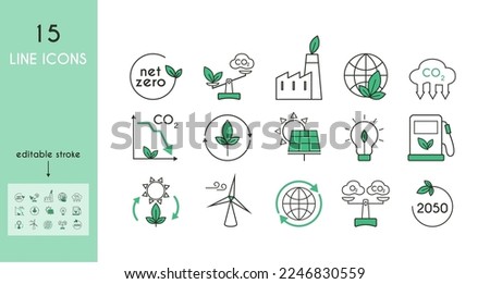 Net zero line icon set. Carbon neutral and net zero concept.  Green energy, CO2 neutral, save Earth. Editable vector stroke. Minimal vector illustration. Simple outline sign for ecology 48x48 Pixel 