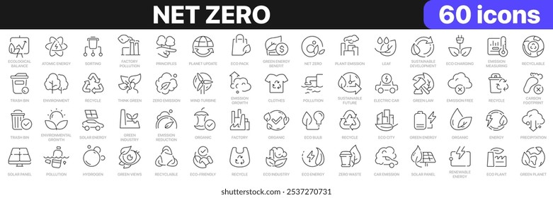 Colección de iconos de línea de cero neto. Clasificación, reciclable, coche eléctrico, orgánico, iconos de energía solar. Conjunto de iconos de interfaz de usuario. Paquete de iconos de contorno delgado. Ilustración vectorial EPS10