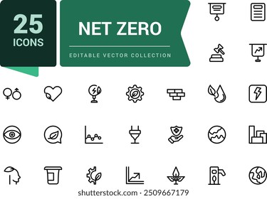 Netto-Nulllinien-Symbole gesetzt. Einschließlich CO2-Fußabdruck, CO2-neutral, Netto-Null, Solarenergie. Pixel perfekt, minimalistische Web-und UI-Symbol. Gliederungssymbolsammlungen.