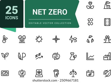 Ícones de linha de zero líquido definidos. Inclui pegada de carbono, neutro em co2, zero líquido, energia solar. Pixel perfeito, minimalista web e ícone UI. Contornar coleções de ícones.