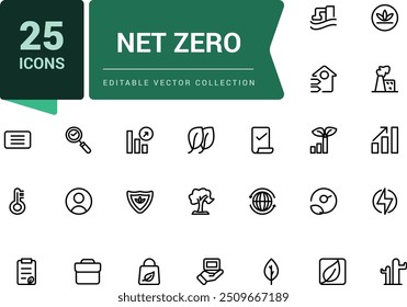Net zero line icons set. Includes carbon footprint, co2 neutral, net zero, solar energy. Pixel perfect, minimalistic web and UI icon. Outline icon collections.