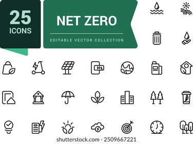 Net zero line icons set. Includes carbon footprint, co2 neutral, net zero, solar energy. Pixel perfect, minimalistic web and UI icon. Outline icon collections.