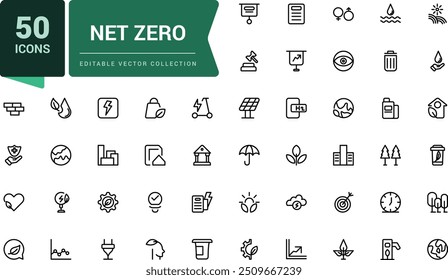 Ícones de linha de zero líquido definidos. Inclui pegada de carbono, neutro em co2, zero líquido, energia solar. Pixel perfeito, minimalista web e ícone UI. Contornar coleções de ícones.