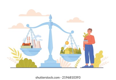 Net zero manufacturing. Responsible society, caring for environment and nature, reducing emissions of harmful substance into atmosphere. Motivational poster or banner. Cartoon flat vector illustration