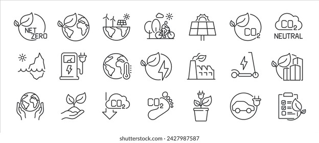 Net Zero minimal thin line icons. Related green energy, eco, sustainable, environmental. Vector illustration.