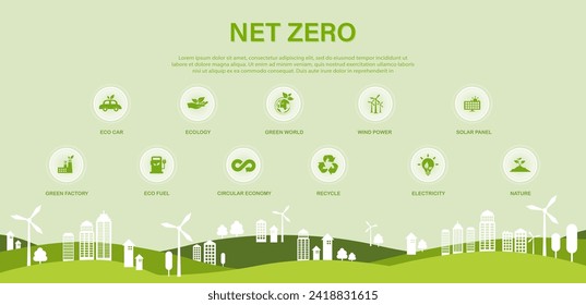 Net zero natural environment concept, greenhouse gas emissions, Climate neutral long term strategy with green net zero icon