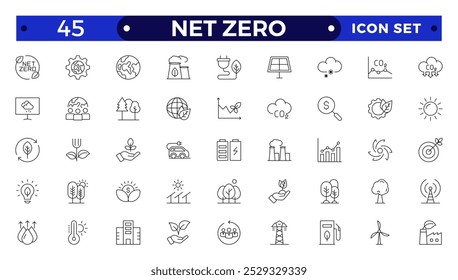 Naturaleza neta cero Icono de contorno Medio ambiente natural Concepto de carbono neutro y neto cero Emisiones de gases de efecto invernadero Energía verde, CO2 neutro, emisiones de gases, clima, ecología, colección.  

