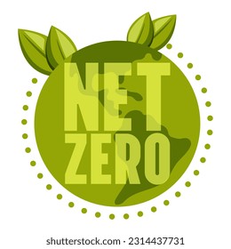 Net zero, planet earth with leaves, CO2 neutral, green vector illustration. Eco friendly isolated sign. Carbon emissions free, no air atmosphere pollution industrial production, environment protection