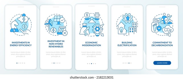 Net zero practices blue onboarding mobile app screen. Organization walkthrough 5 steps editable graphic instructions with linear concepts. UI, UX, GUI template. Myriad Pro-Bold, Regular fonts used