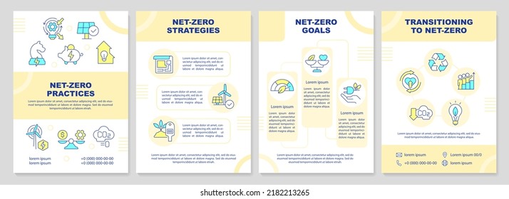 Net zero realization yellow brochure template. Remove carbon. Leaflet design with linear icons. Editable 4 vector layouts for presentation, annual reports. Arial-Black, Myriad Pro-Regular fonts used