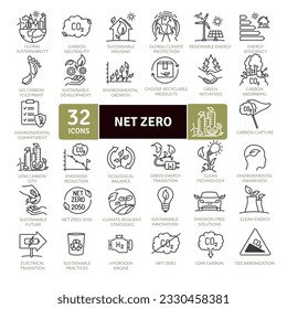 Net Zero and reduction of emissions by 2050 icon pack. Collection of thin line icons