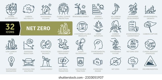 Net Zero and reduction of emissions by 2050 icon pack. Collection of thin line icons