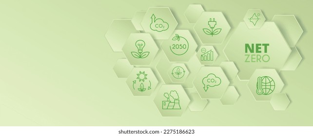 Net zero. Set of icons on a background of green hexagons. CO2 emissions. Ecology concept. vector illustration