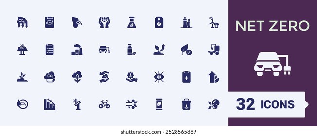 Net zero solid eco icons set. Icons collection for white background web and ui. Pixel perfect. Editable filled icon pack. Vector illustration.