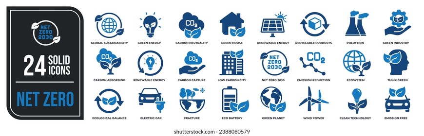 Net zero solid icons collection. Containing customer ecology, sustainable, environmental etc icons. For website marketing design, logo, app, template, ui, etc. Vector illustration.