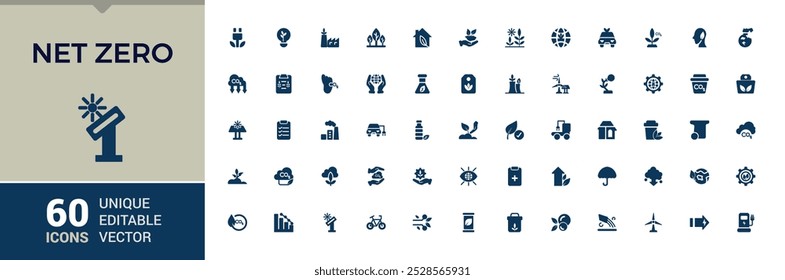 Conjunto de iconos sólidos de cero neto. ecología, sostenible, ambiental y más, App, Plantilla, ui y wed, símbolo de relleno mínimo, editable y píxel perfecto, Ilustración vectorial.