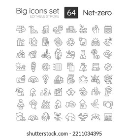 Net zero strategies linear icons set. Carbon footprints. Environment protection. Customizable thin line symbols. Isolated vector outline illustrations. Editable stroke. Quicksand-Light font used