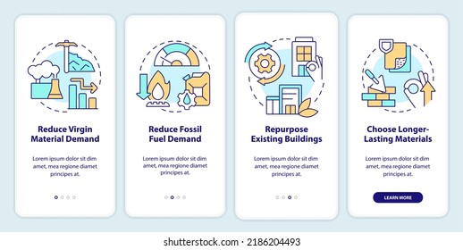 Net zero strategies onboarding mobile app screen. Decarbonization walkthrough 4 steps editable graphic instructions with linear concepts. UI, UX, GUI template. Myriad Pro-Bold, Regular fonts used