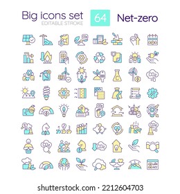 Net zero strategies RGB color icons set. Carbon footprints. Environment protection. Isolated vector illustrations. Simple filled line drawings collection. Editable stroke. Quicksand-Light font used