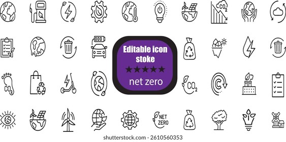 Net Zero Stroke icon collections. Containing Green Energy, Carbon Neutrality, Think Green, Ecosystem, Carbon Footprint, Wind Power, Renewable, and Sustainability icons