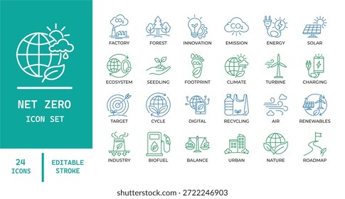 Iconos de línea de sostenibilidad cero netos. Incluyendo neutralidad de carbono, energía renovable, ESG y símbolos ecológicos. Vector editable para informes ambientales y App de tecnología verde.
