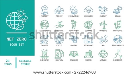 Net Zero Sustainability Line Icons. Including carbon neutrality, renewable energy, ESG, and ecology symbols. Editable vector for environmental reports and green technology apps.
