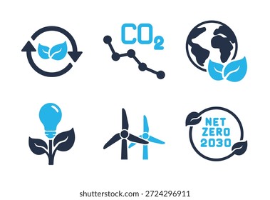 Net Zero Targets e o conjunto de ícones Conservação da Natureza. Ícones da série de glifos sólidos