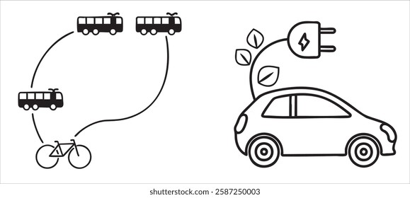 Net Zero Transportation options with eco-friendly vehicles and public transit icons.