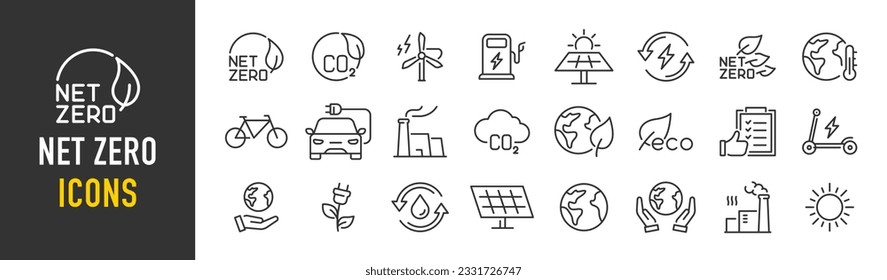 Net Zero web icons in line style. Green energy, CO2 neutral, gas emissions, climate, ecology, collection. Vector illustration.