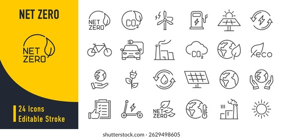 Net Zero Web-Symbole im Linienstil. Grüne Energie, CO2-neutral, Gasemissionen, Klima, Ökologie, Sammlung. Vektorgrafik.