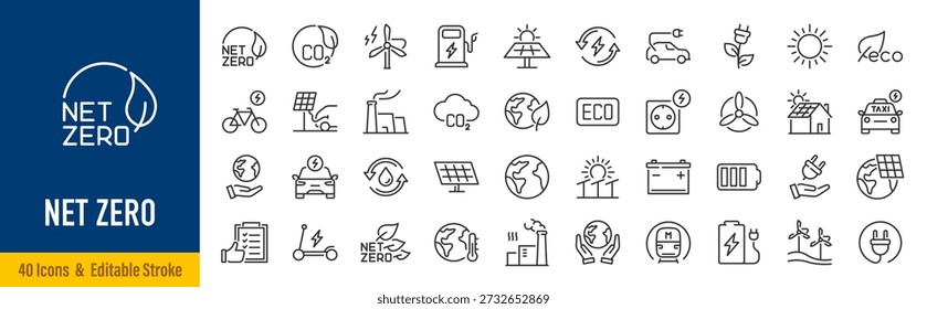 Net Zero web icons in line style. Green energy, CO2 neutral, gas emissions, climate, ecology, collection. Vector illustration.