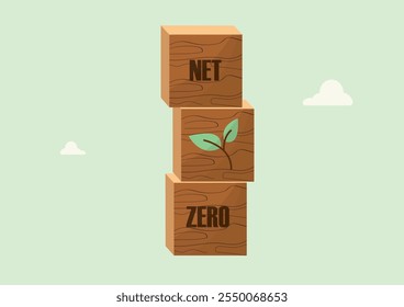 Net Zero Wooden Blocks with Growing Plant. three wooden blocks spelling 'NET ZERO' with green plant symbol, representing environmental growth and sustainability. Vector illustration. Flat desig