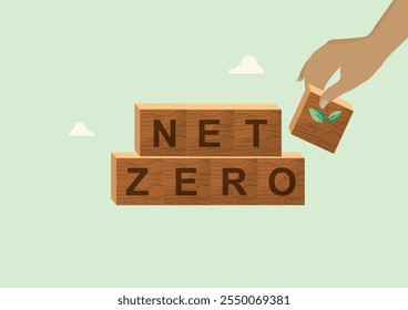 Net Zero Wooden Blocks with Growing Plant Sustainability Concept. wooden blocks spelling 'NET ZERO' with a hand placing a block containing a growing plant, symbolizing environmental sustainability.