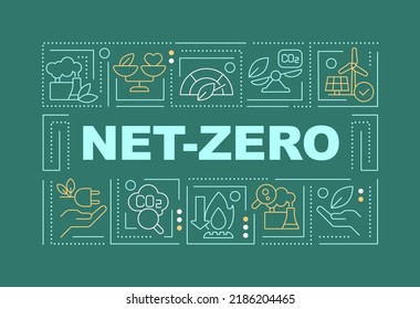 Net zero word concepts dark green banner. Decarbonization. Infographics with editable icons on color background. Isolated typography. Vector illustration with text. Arial-Black font used