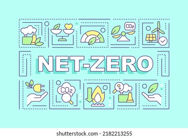 Net zero word concepts turquoise banner. Decarbonization. Infographics with editable icons on color background. Isolated typography. Vector illustration with text. Arial-Black font used