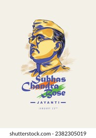 Netaji Subhas Chandra Bose Jayanti Grußdesign. Der indische Freiheitskämpfer Netaji Subhas Chandra Bose Porträt Illustration.