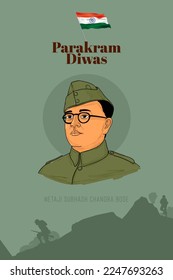 Netaji Subhash Chandra Bose vector art for Indian Memorial Day Parakram Diwas.
