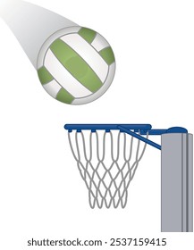 netball, close-up of ball in motion towards goal ring isolated on a white background