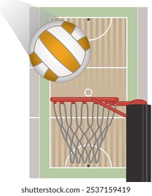 Netball, primer plano de la pelota en movimiento hacia el anillo de gol con una cancha de netball en el fondo