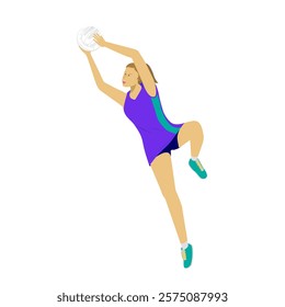 Netball player character in action isolated on white background.
