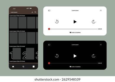 	
Modelo de modelo de interface do usuário do Netflix. Layout da plataforma de streaming e design do player de vídeo. Página inicial do Netflix, catálogo de filmes e interface de painel do usuário. Site e maquete de aplicativo móvel para entretenimento online.