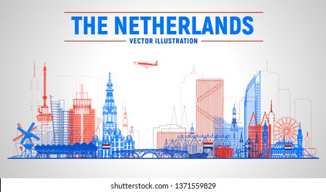 Los Países Bajos (Ámsterdam, Rotterdam, La Haya, Eindhoven y otros) ilustran el vector de la línea de horizonte en el fondo blanco. Concepto de viajes de negocios y turismo con famosos monumentos franceses. 