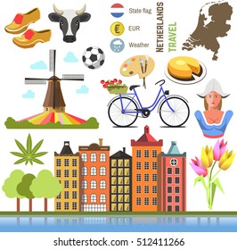 Netherland flat icons design travel concept. Symbols travel set and europe culture . vector illustrations with Netherlands famous landmarks.