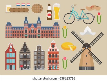 netherland illustration, vector, landmark, food, travel, culture, amsterdam