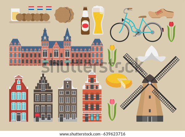 オランダのイラスト ベクター画像 ランドマーク 食べ物 旅行 文化 アムステルダム のベクター画像素材 ロイヤリティフリー 639623716