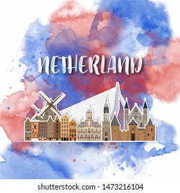 Netherland Landmark Global Travel And Journey watercolor background. Vector Design Template.used for your advertisement, book, banner, template, travel business or presentation