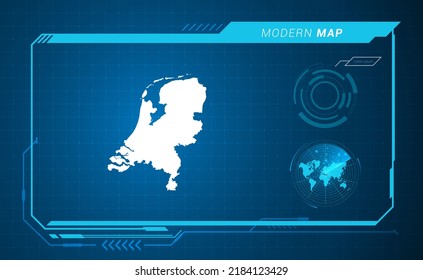Netherland map of blue digital frame HUD, GUI, UI interface technology radar vector.