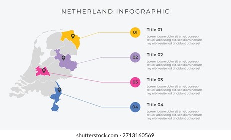 Modelo de infográfico mapa da Holanda com 4 opções. Mapa político dos Países Baixos infográfico para apresentação.