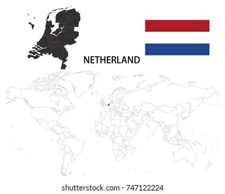 Netherland map on a world map with flag on white background.